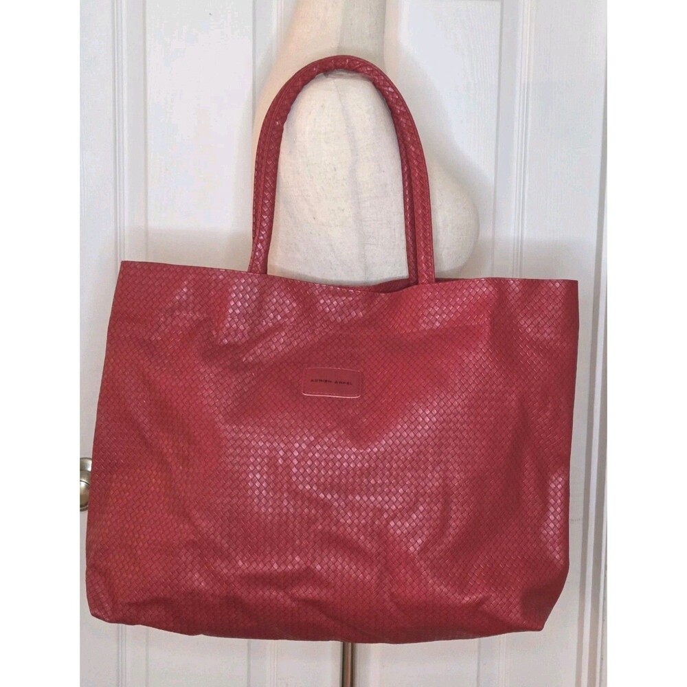 Adrien Arpel Large Red Tote Bag Woven Vinyl Water Resistant Spacious Carryall